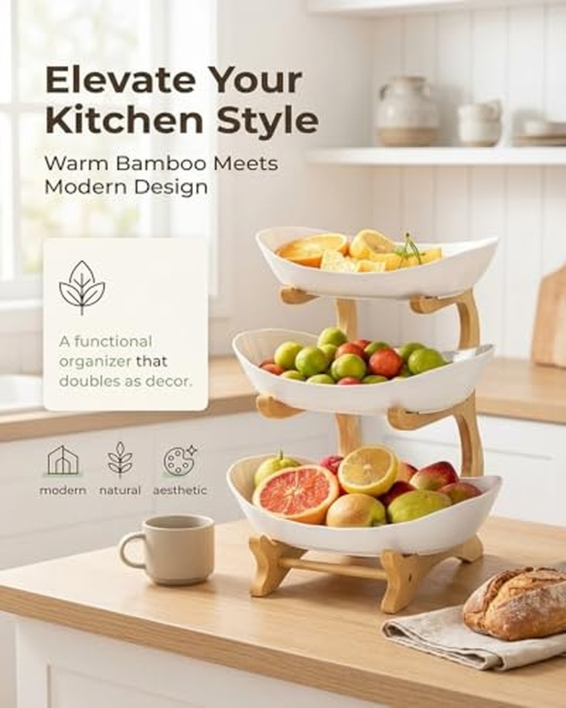 3-Tier Bamboo Fruit Basket with Oval Bowls - Space-Saving Organizer