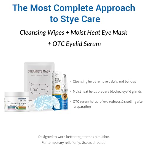 Stye Treatment Set : Eye Relief Serum with Rollerball, Tea Tree Wipes & Steam Masks for Styes, Blepharitis, Chalazion ? Soothes Redness, Irritation & Daily Care for Sensitive Eyes