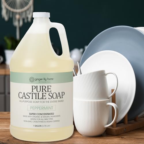 Ginger Lily Farms Botanicals Pure Castile Liquid Soap Refill, Peppermint Scent, 1 Gallon, All-Purpose Cleaner for Body, Face, Hair, Dishes, Laundry & Pets, Non-GMO, 100% Vegan & Cruelty-Free