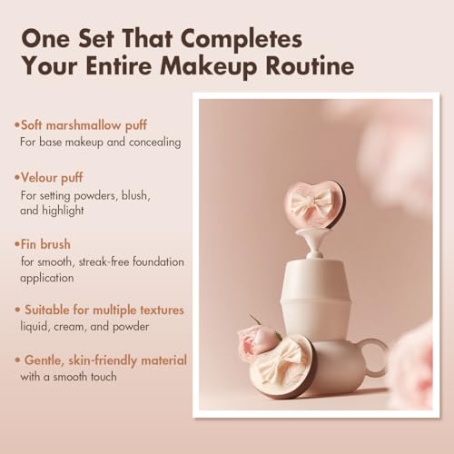 Momo's Workshop Rose Series Makeup Sponge & Brush Set, 13-Piece Beauty Puffs Kit with Beauty Pouch, High-Density Rubycell & Velour Puffs for Foundation, Concealer, Powder