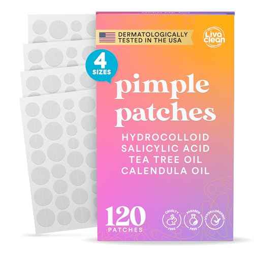 Livaclean 120 CT Pimple Patches for Face w/ Salicylic Acid, Tea Tree & Calendula Oil - Four Sizes Zit Dots Acne Patches for Face - Hydrocolloid Patch Pimple Patch Invisible - Acne Dots Zit Stickers