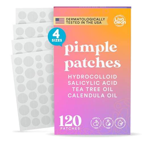 Livaclean 120 CT Pimple Patches for Face w/ Salicylic Acid, Tea Tree & Calendula Oil - Four Sizes Zit Dots Acne Patches for Face - Hydrocolloid Patch Pimple Patch Invisible - Acne Dots Zit Stickers
