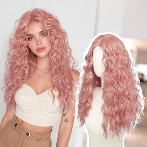 Haloo Pink Wigs for Women 21 Inch Long Wavy Curly Lace Front Synthetic Hair - Beginner Friendly