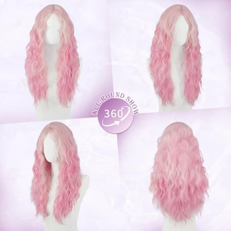 Haloo 26-Inch Pink Wig with Curtain Bangs - Wavy Curly Synthetic Hair