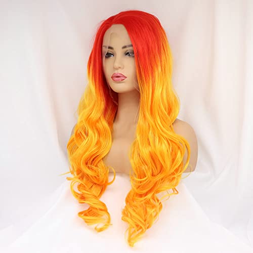 24" Bright Red Orange Ombre Color Wig Heat Resistant Synthetic Lace Front Wigs for Women Flame Red Female Cosplay Party Wigs Drag Queen