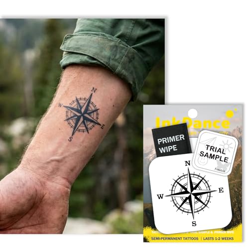 InkDance True North Compass Temporary Tattoo - Waterproof, 1-2 Weeks