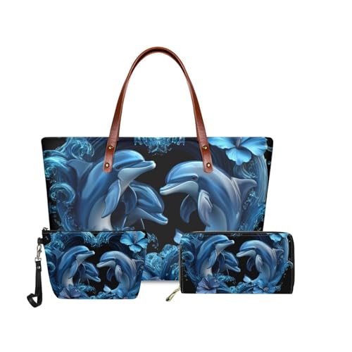 GIFTPUZZ Women Top Handle Bags Handbags with Zipper Leather Wallet Cash Card Phone Holder and Makeup Bag Set 3pcs