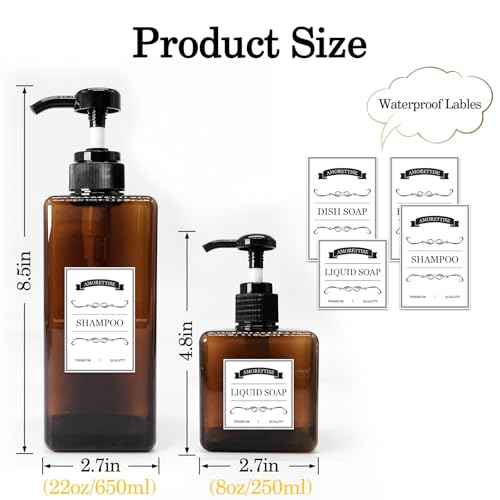 12 Pack Shampoo and Conditioner Dispenser Bottles, 8 Pack 22 Oz and 4 Pack 8 Oz Refillable Square Plastic Pump Bottles, Shower Soap Dispenser for Shampoo Conditioner Body Wash (Amber)