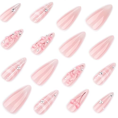 Mivota Almond Press-On Nails Set - Pink Cherry 3D Design, 24pcs