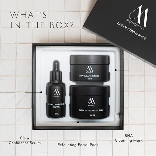 Monopoli Skin Clear Confidence Kit | Acne Serum, Exfoliating Face Pads & BHA Clearing Mask | Daily Skin Care Routine Perfect for Women and Men | Essentials for Women & Teens