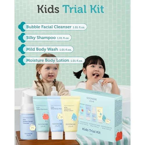 GOONGBE Kids Travel Toiletry Set ? 4-in-1 TSA Carry-On Kit with Shampoo, Body Wash, Face Cleanser (Sunscreen Removal) & Lotion, Silicone-Free Low pH for Sensitive Skin1oz Each