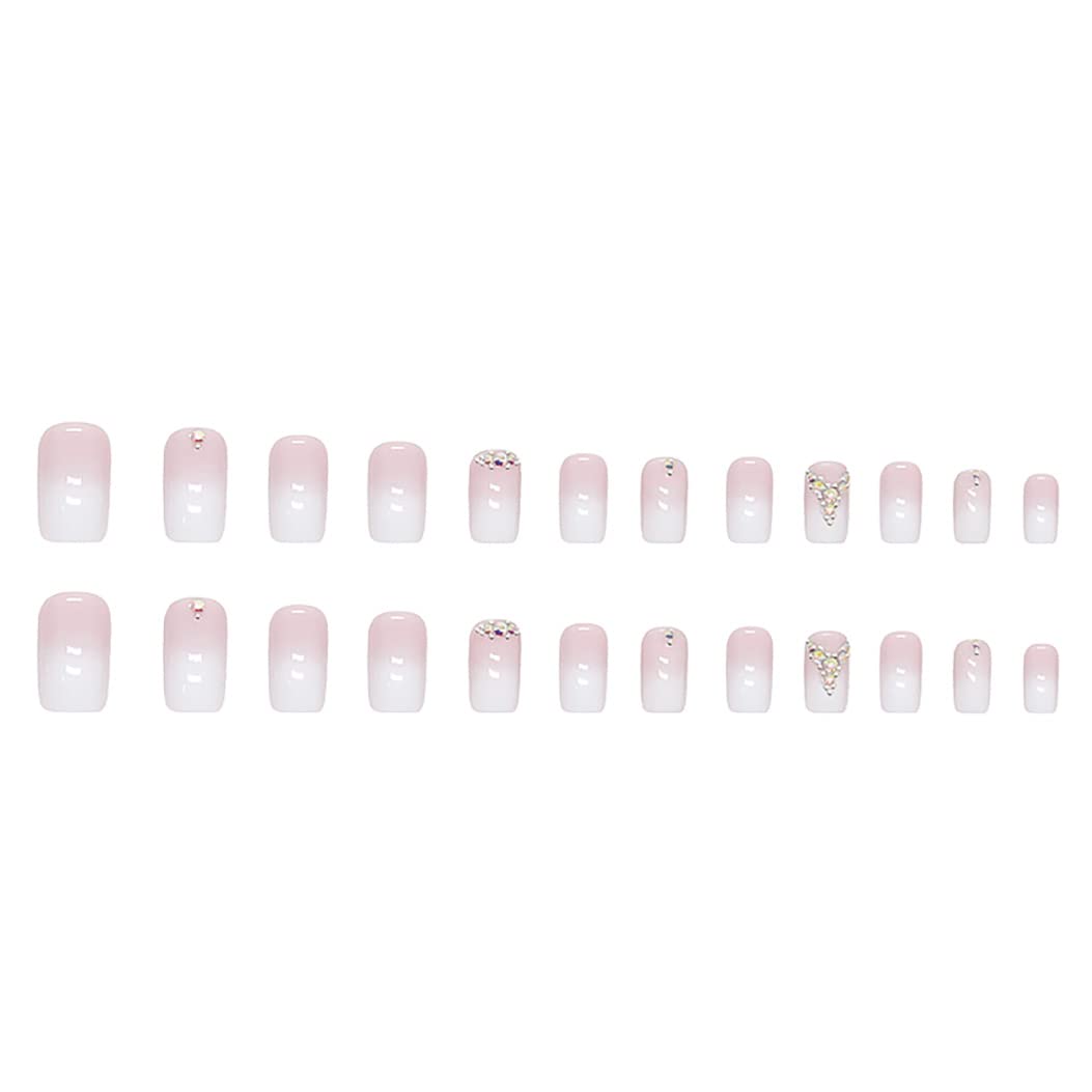 RikView White Press on Nails Medium Length Fake Nails with Rhinestones Square Acrylic Nails Glossy Nails 24 PCs/Set