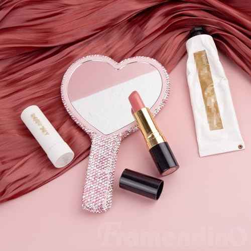 Framendino, 1 Pack Rhinestone Handheld Mirror Heart Bling Glitter Cosmetic Dazzling Portable Hand with Handle for Women (Pink)