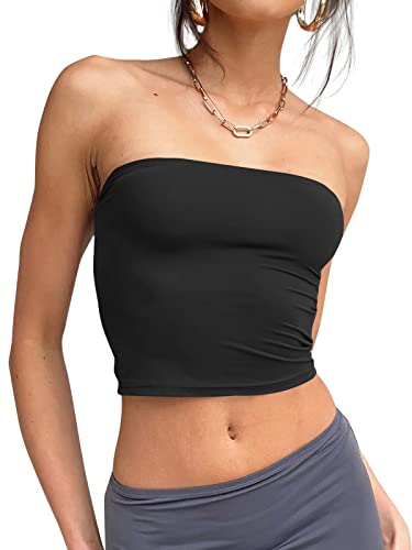 Trendy Queen Crop Tops for Women Bandeau Strapless Summer Vacation Outfits 2024 Sexy Tube Going Out Tops Basic Backless Cute Sleeveless Slim Fit Teen Girls Clothes Wine Red