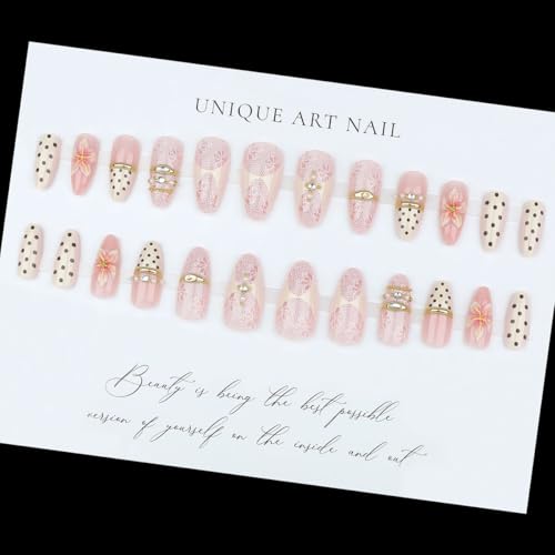 Medium Almond Press On Nails 24pc 3D Flower Fake Nails Kit