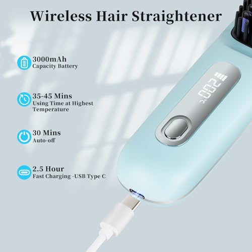 Cordless Hair Straightening Brush with LED Display - 3 Heat Settings