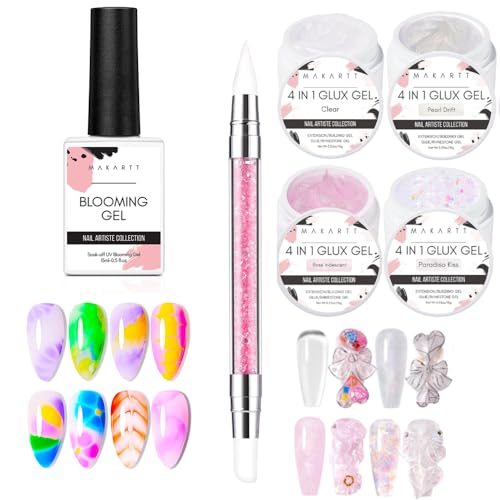 Makartt Clear Blooming Gel 15ml UV LED Soak Off Nail Art Polish Bundle With Solid Gel Builder for Nails Trial Kit Nail Extension UV Nail Glue for Acrylic Nails Rhinestones Gel