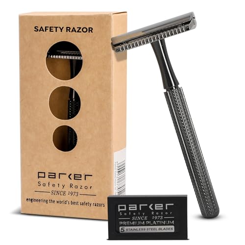Parker 78R Double Edge Safety Razor with 5 Safety Razor Blades, Women & Men¡¯s Safety Shaving, Reusable, Plastic-Free ? Graphite