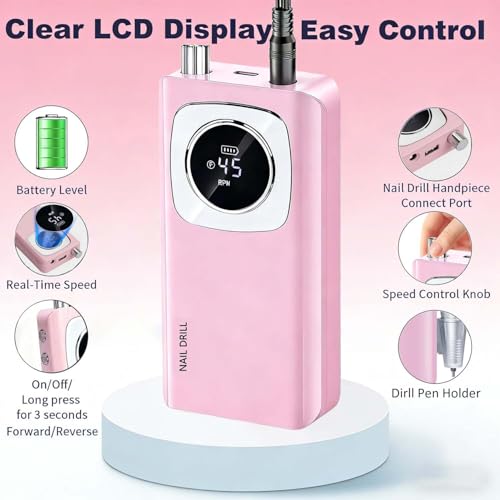 Professional Electric Nail Drill 45000RPM, Portable Rechargeable Electric Nail File with LCD Display, 6 Drill Bits and Sanding Bands, Low Noise Nail Drill Kit for Acrylic Gel Nails,Salon & Home Use