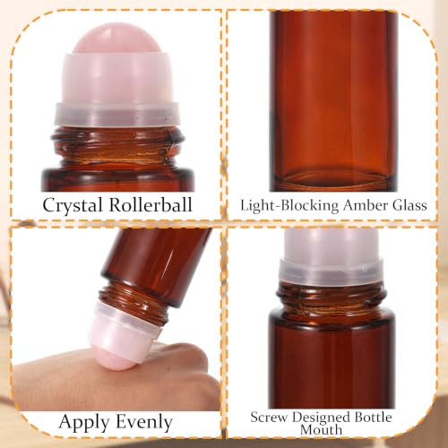 2 Pack 1.7oz Amber Glass Roll-On Bottles with Rose Quartz Roller for Essential Oils & Skincare