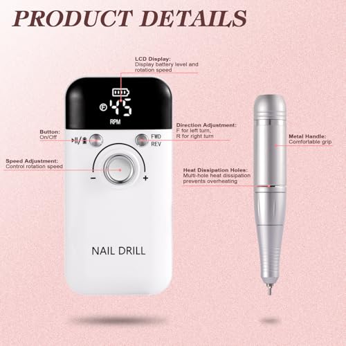Electric Nail Drill Professional 45000 RPM, White Rechargeable Nail Drill File Machine for Acrylic Gel Nails Polishing Removing, Cordless Efile, Portable Electric Nail File for Manicure Salon Home