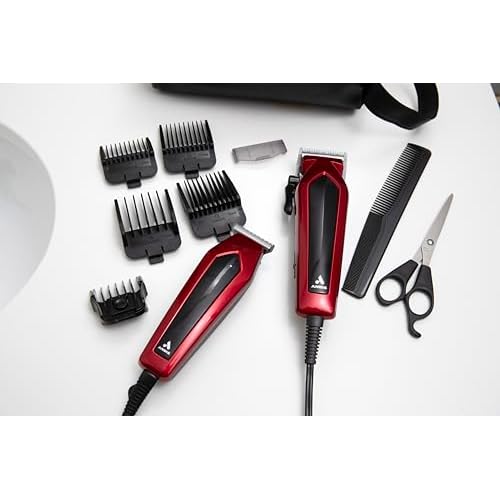 Andis 562940 Ultra Clip Corded Clipper & Trimmer 15-PieceHair Cutting Combo Kit, Stainless Steel Blades, Power Pivot Motor, Whisper Quiet, Hanger Loop, Red