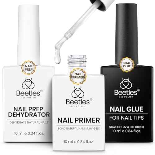 Beetles 3Pcs Gel Nail Glue Nail Dehydrator and Primer, Professional Nail Prep Acid-Free Hema-Free Dehydrate Bond Primer 9 in 1 Gel Glue Kit for Press On Nails Nail Tips Nail Extension Gifts for Women