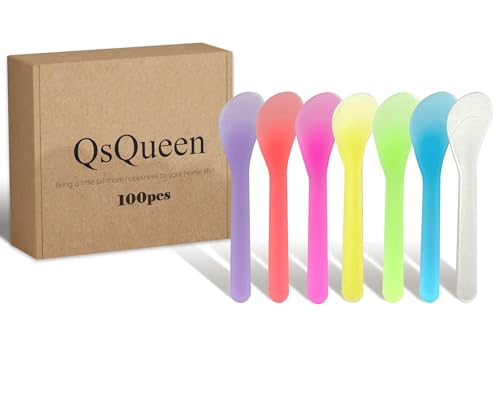 QsQueen 100 Pcs Cosmetic Spatulas, 7 Colors - Reusable Makeup Scoop