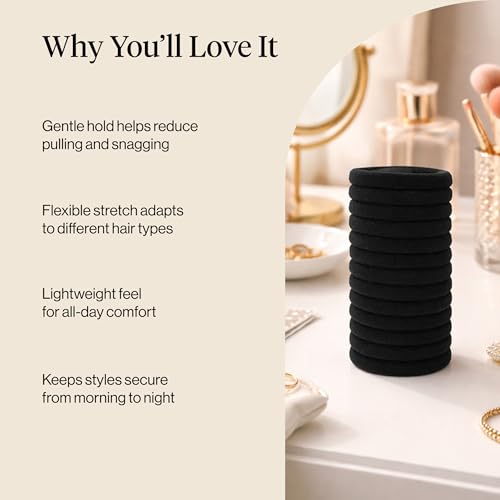 Kitsch No-Damage Elastic Hair Ties - Black Ponytail Holders, 12 Pack