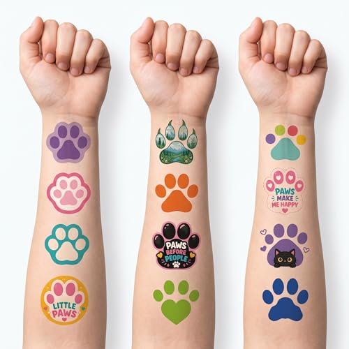 96 Pcs Dog Cat Paw Print Temporary Tattoos for Kids