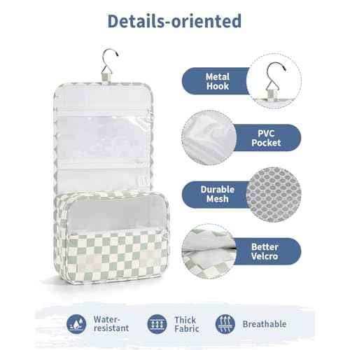 Narwey Small Hanging Travel Toiletry Bag for Traveling Women, Checkered Travel Bag for Toiletries, Makeup Bag Organizer Make Up Cosmetic Bags (Mint Green Checkerboard)
