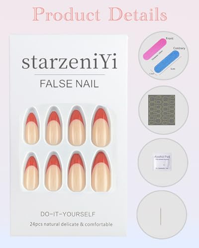 StarzeniYi French Tip Press on Nails, Almond Press on Nails Medium, Reusable Artificial Fake Nails, Full Cover False Nails for Women（Black)