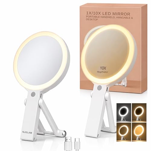 NJ GLAM LED Lighted Makeup Mirror 1X/10X Magnification with 3 Light Modes, Rechargeable Portable Vanity Mirror with Adjustable Stand