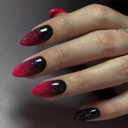 30 Pcs Halloween Press on Nails Short Almond - SHANRUN Rose Red Black Ombre Fake Nails Press ons French Nail Art Tips Glue on Nails Stick on Nails Full Cover Acrylic False Nails with Glitter Design