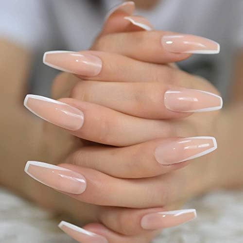 Allkem Press On Nails - Nude Vibes Glossy Extra Long Ballerina 2 Set Bundle | 10 sizes - 20 pcs False Nails Full Cover Nail Kit with Glue