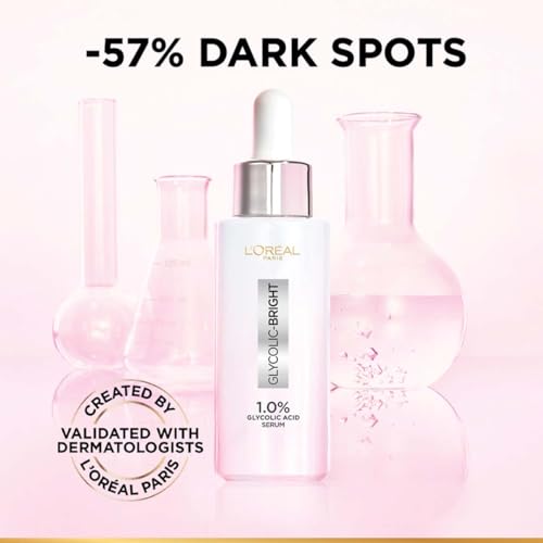 L'Oreal Paris Brightening Serum, 1% Glycolic Acid, 2% Niacinamide Serum, Visibly Minimizes Spots, Reveals Even Skin Tone, Glycolic Bright Skin, 15ml (0.52 oz)