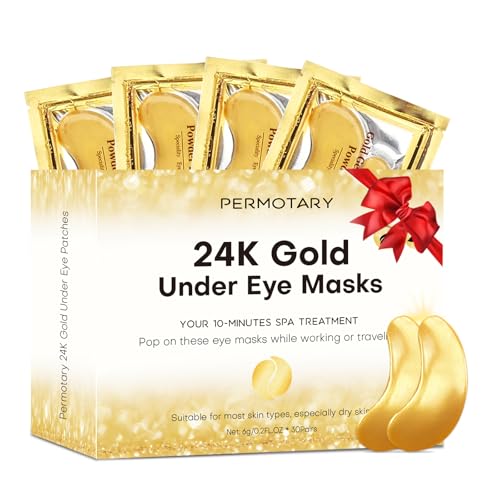 Permotary 24K Gold Collagen Under Eye Masks - Hydrating & Dark Circle Reducer, 30 Pairs