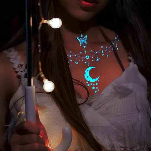 Blue Luminous Star Crescent Moon Temporary Tattoos For Women Clavicle Girls Adults Neck, 4 Sheets Sexy Lace Butterfly Planet Fake Necklace Glow In The Dark Tattoo Sticker, Night Glitter Party Supply