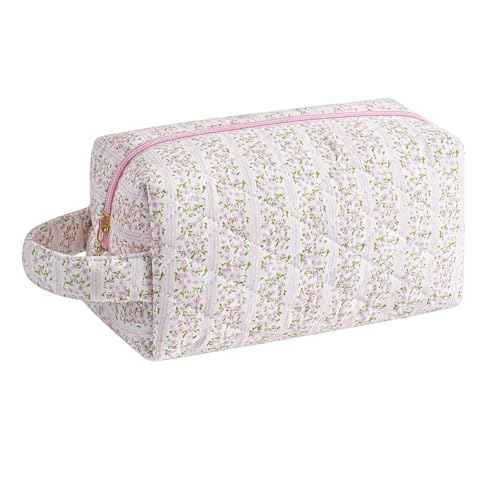 Makeup Bag Travel Cosmetic Bag for Women, Zipper Make Up Pouch, Floral Flowers Toiletry Organizer Makeup with Handle, Cosmetic Travel Cloth Bag (Pink Floral)