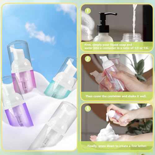 4 Pack Foam Pump Bottle, 60 ml/2 oz Mini Empty Bottle Travel Foaming Dispenser, Plastic Mousse Foam Dispenser Pump for Soap, Shower Gel, Shampoo, Facial Cleanser - Mix Colors
