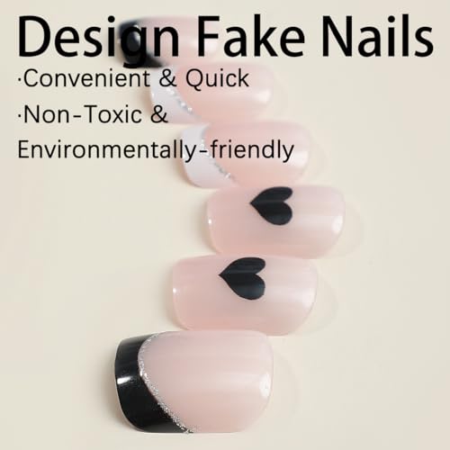 RTKHFZE Valentines Press on Nails Square,Medium Fake Nails French Tip Glue on Nails with Swirl and Heart/Love Designs False Nails 24Pcs Nude Pink Glossy Acrylic Nails for Women Girls