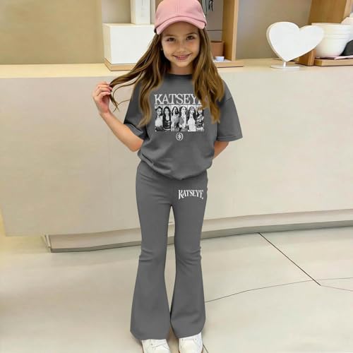 Kids Girl Short Sleeve Shirt & Flared Pants Set 12-13 Years Gray MABUTINGTI