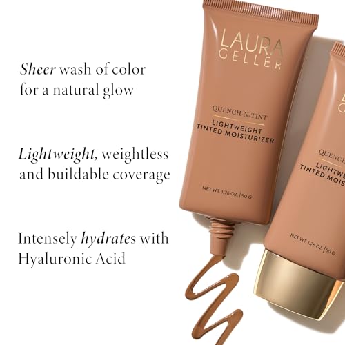 LAURA GELLER NEW YORK Quench-n-Tint Hydrating Foundation - Light/Medium - Sheer to Light Buildable Coverage - Natural Glow Finish - Lightweight Formula with Hyaluronic Acid