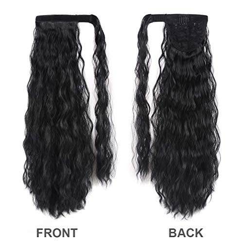 YEAME Corn Wave Ponytail Extension Clip in - 22 Inch Long Wavy Curly Wrap Around Pony Tail Heat Resistant Synthetic Hairpiece for Women (Natural Black #1B)