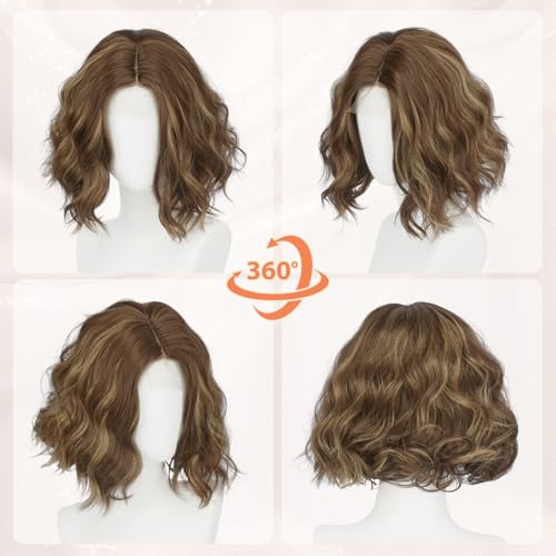 Brown Bob Wig with Lace Front - Short Wavy Synthetic Hair