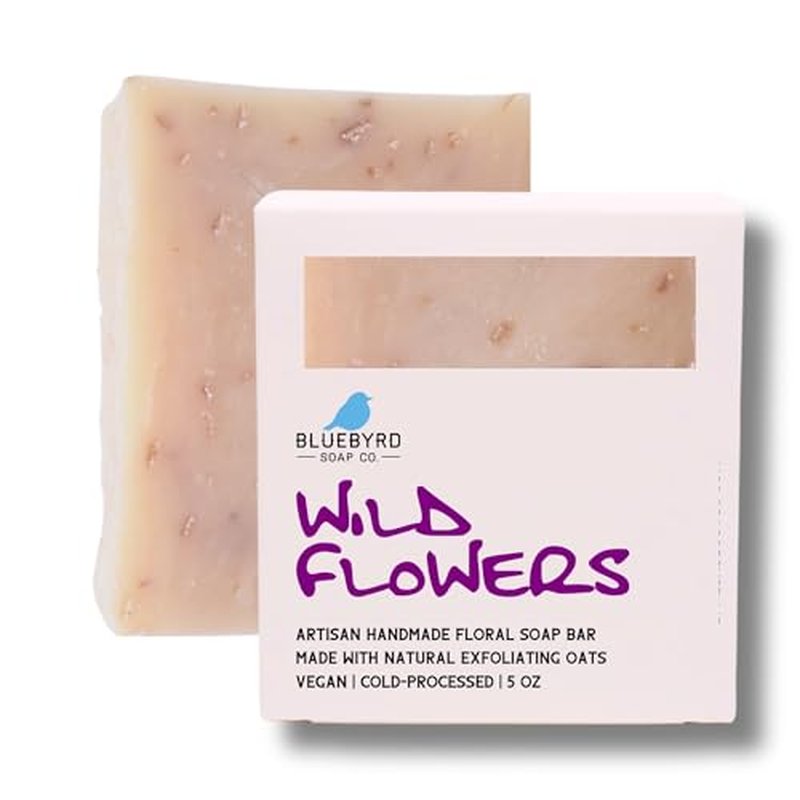 Bluebyrd Soap Co. Wildflower Exfoliating Bar Soap | Handmade Oatmeal Soap Bar for Face & Body ? Made with Organic Shea Butter - Hand & Foot Scrub Soap ? For All Skin Types (Wildflower)