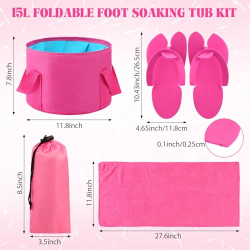 6 Sets Rose Red Foldable Foot Bath Kit 15L Collapsible Foot Soaking Tub Bathroom Towels Women Adult Foldable Slippers with Storage Bag Spa Soak Pedicure Bath for Travel Camping