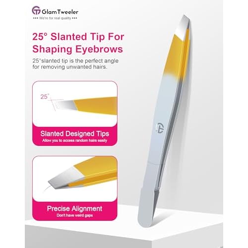 Exclusive G-01 Slant Tip Tweezers, GlamTweeler High Precison Expert Eyebrow and Facial Hair Removal Tweezer with Leather Storage & Carrying Case (Silver & Gold)