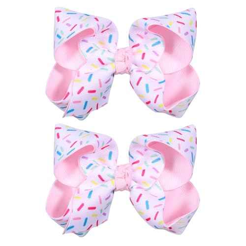 2Pc Birthday Hair Bow Clips Gift for Girls Ages 1-6, 4.3in Pink Confetti Sprinkle Hair Barrettes for Toddler Kid Teens Ice Cream Birthday Party Dress Decor Accessories
