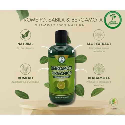 HIGH SUPREME Shampoo organic bergamot (16.9 fl oz) with aloe vera & rosemary SHAMPOO ORGANICO BERGAMOTA con Sabila & Romero Cont. net. 500 ml